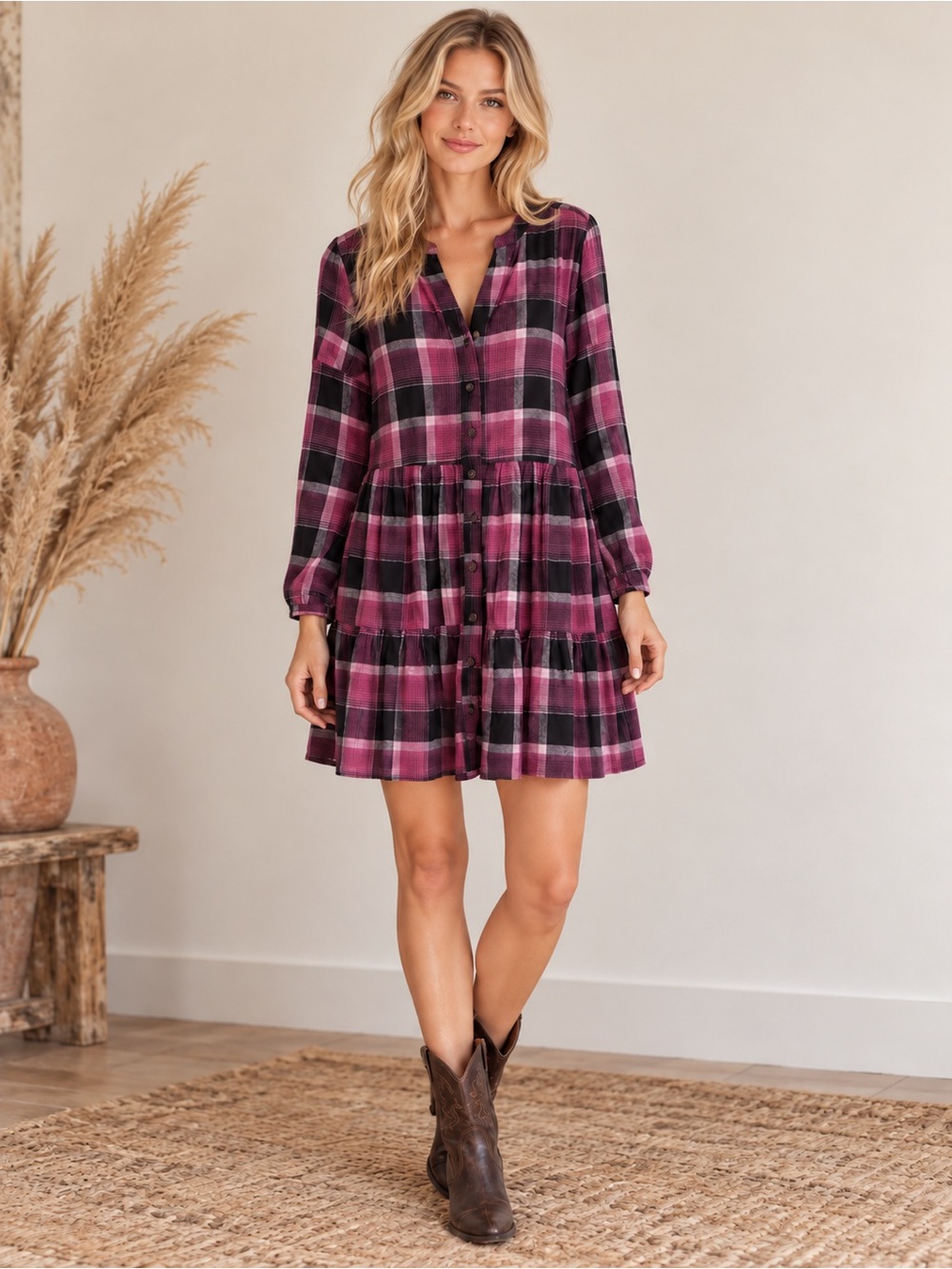 Time and Tru Berry Plaid Button-Front Tiered Mini Dress